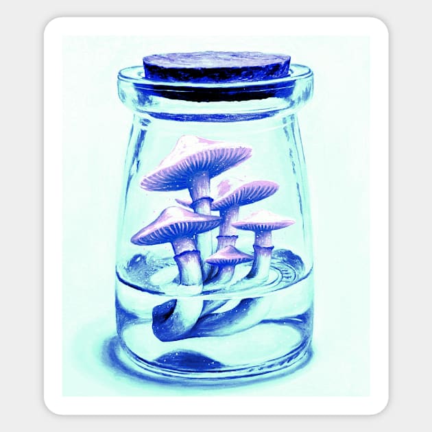 Pastel pink magic mushrooms in a potion bottle - psychedelic Sticker by LukjanovArt